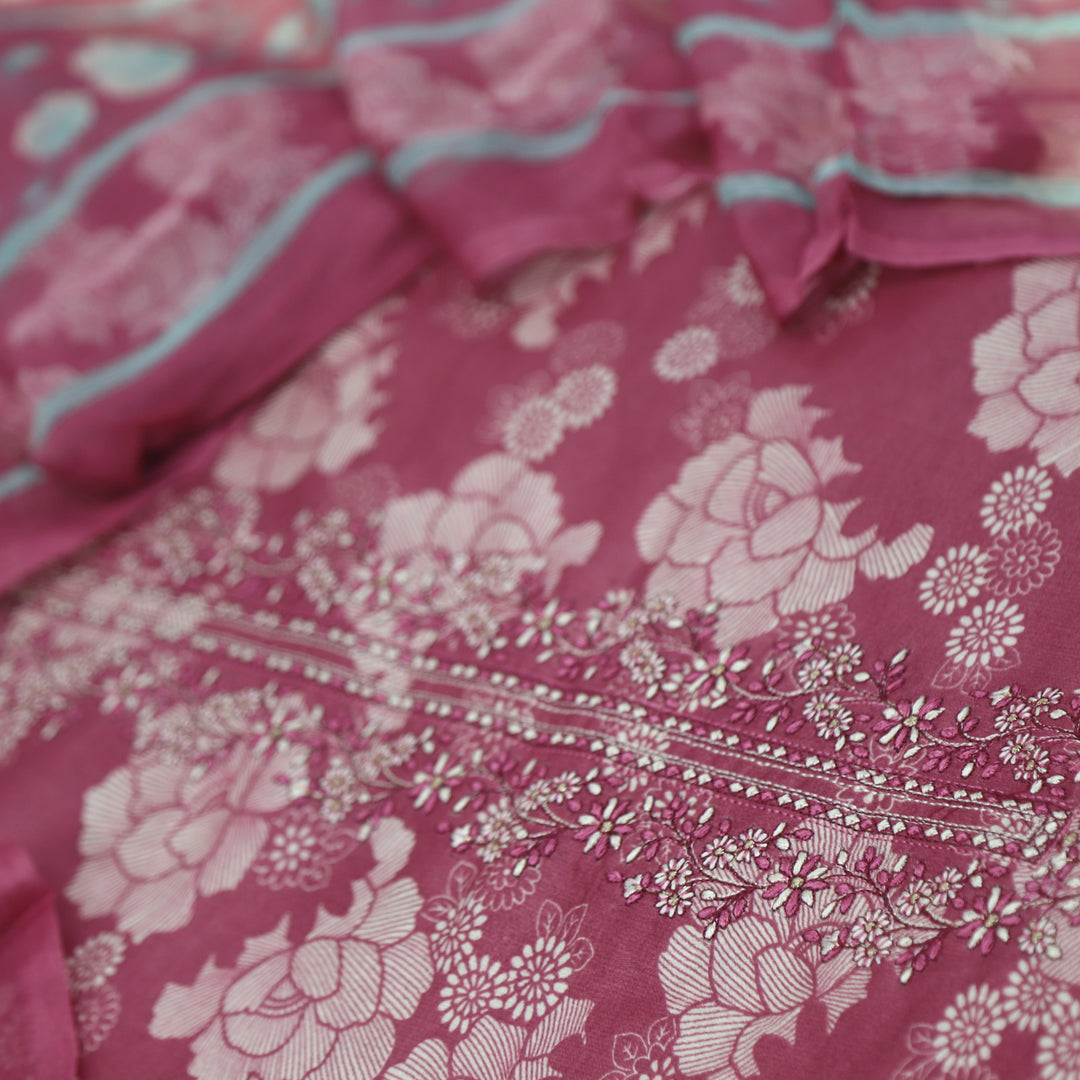 Paakija Dusty Pink Floral Printed Jam Cotton Top with Chiffon Dupatta