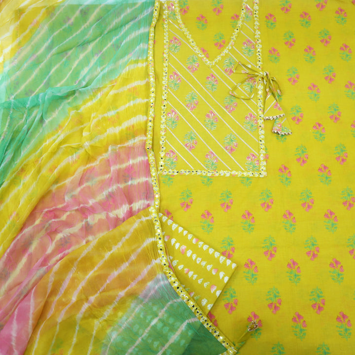 Bayaan Lemon Yellow Cotton Top and Chiffon Dupatta