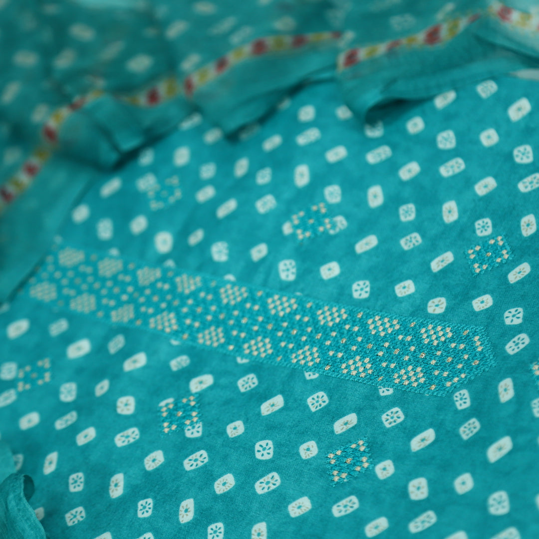 Paakija Aqua Blue Jam Cotton Top With Chiffon Dupatta