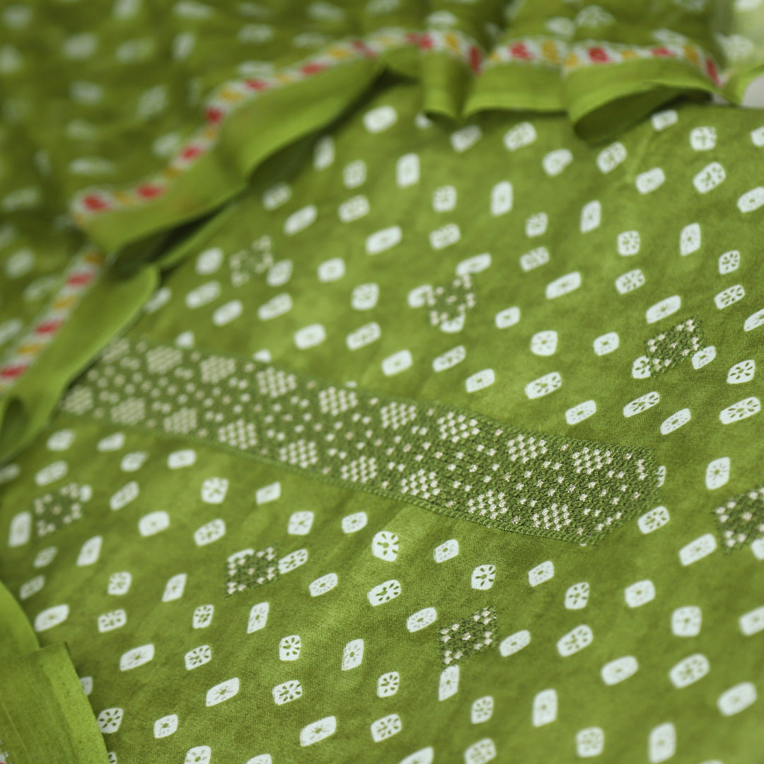 Paakija Mehndi Green Jam Cotton Top With Chiffon Dupatta