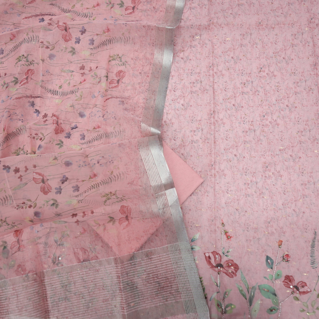 Nayaab Blush Pink Printed Chanderi Top with Organza Dupatta