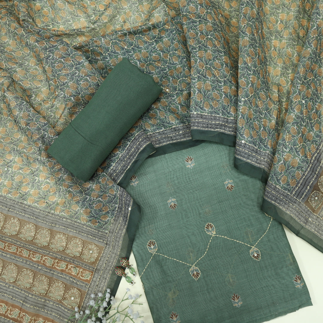 Lehjaa Munsell Green Chanderi Top with Chanderi Dupatta