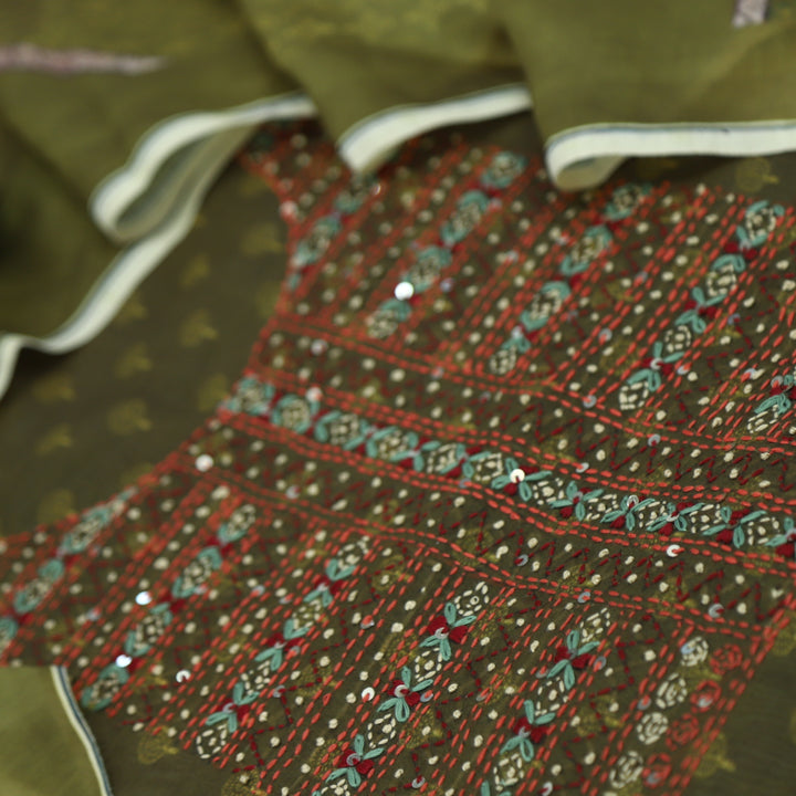 Lehjaa Mehendi Green  Kantha Work Chanderi Top with Chanderi Dupatta