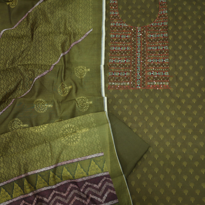 Lehjaa Mehendi Green  Kantha Work Chanderi Top with Chanderi Dupatta