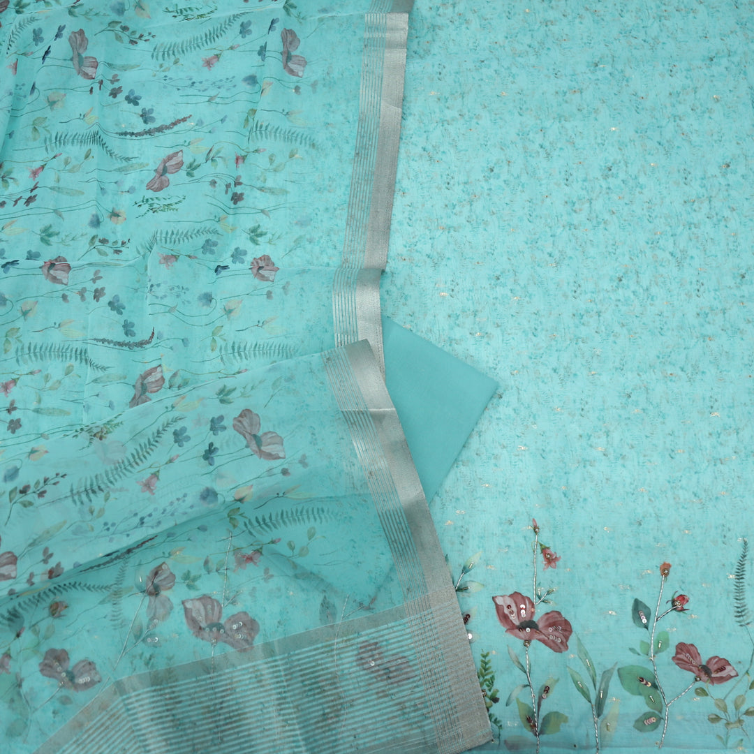 Nayaab Baby Blue Printed Chanderi Top with Organza Dupatta