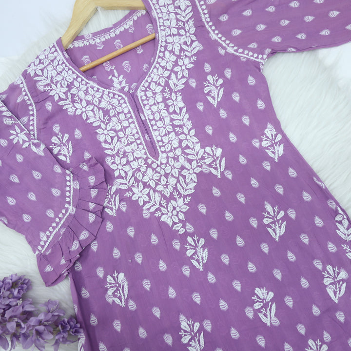 Iqraar Lilac Printed Chikankari Cotton Kurti