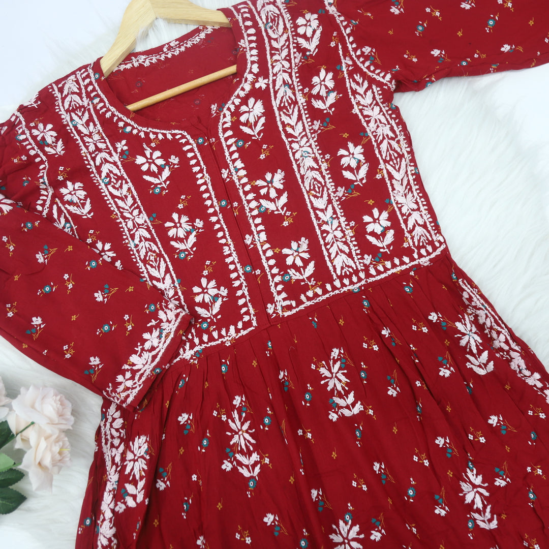 Iqraar Cherry Red Printed Chikankari Modal Naira Cut Kurti