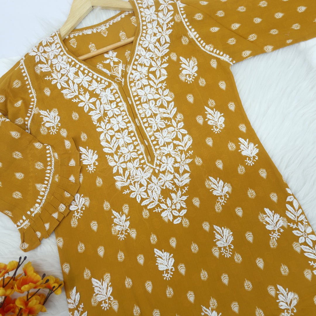 Iqraar Turmeric Yellow Printed Chikankari Cotton Kurti