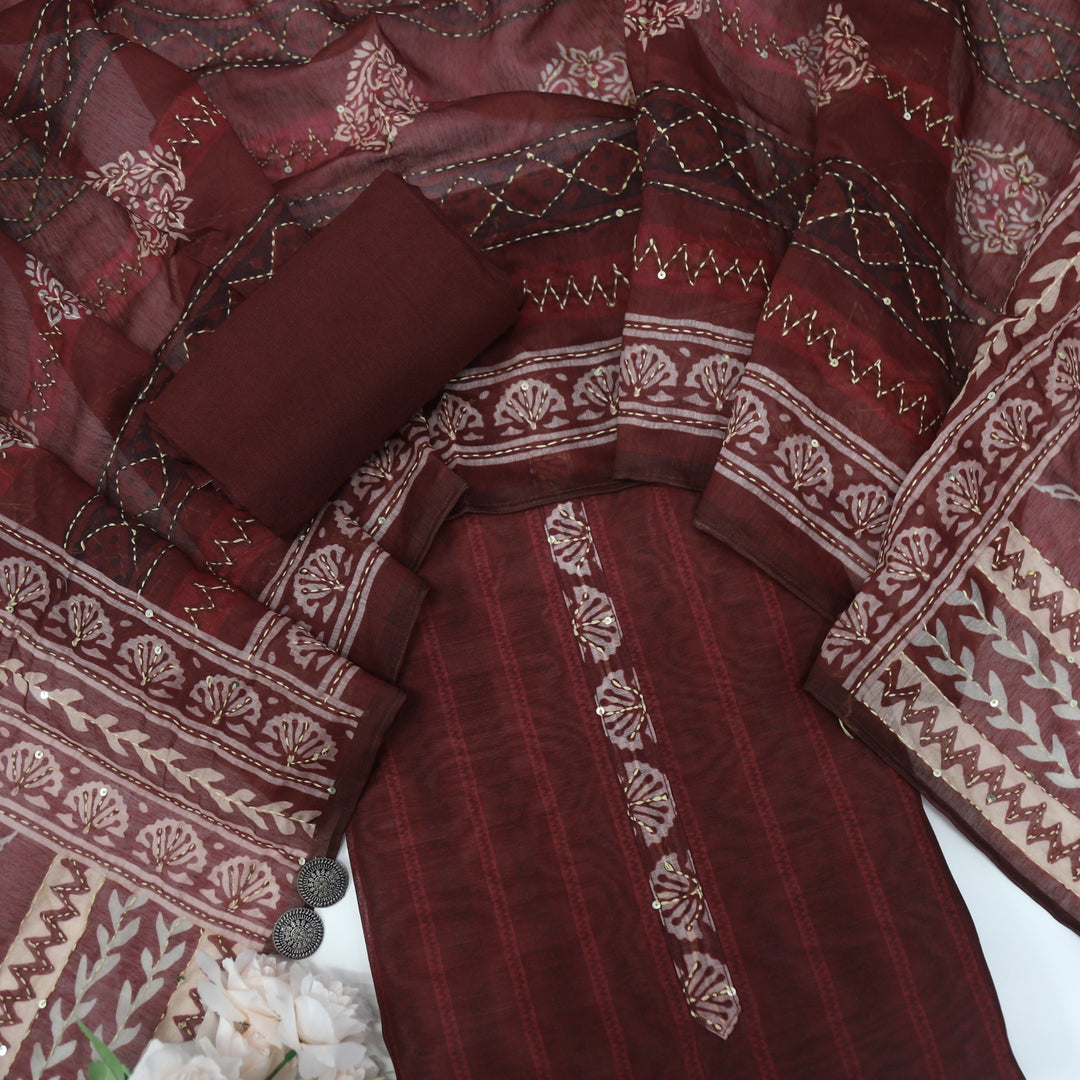 Kohinoor Barn Red Chanderi Top with Kantha Dupatta