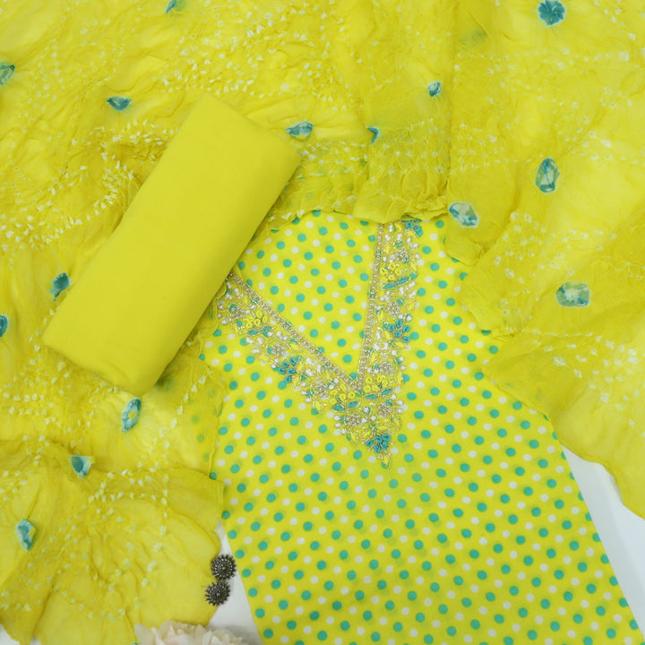 Masroof Lemon Yellow V Neck Cotton Top With Chiffon Dupatta