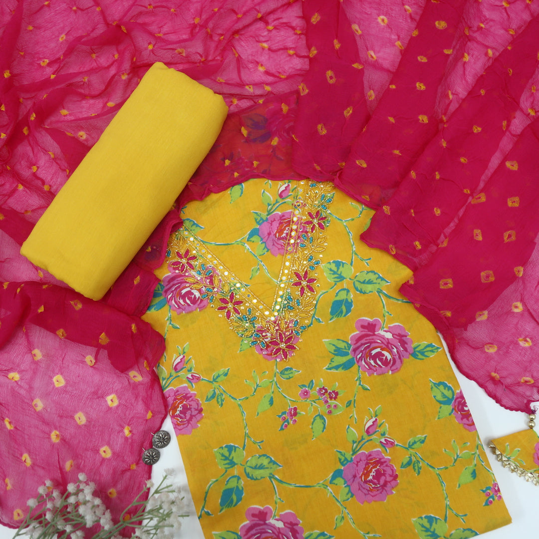 Masroof Floral Gold Yellow Cotton Top With Chiffon Dupatta