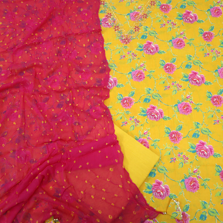 Masroof Floral Gold Yellow Cotton Top With Chiffon Dupatta