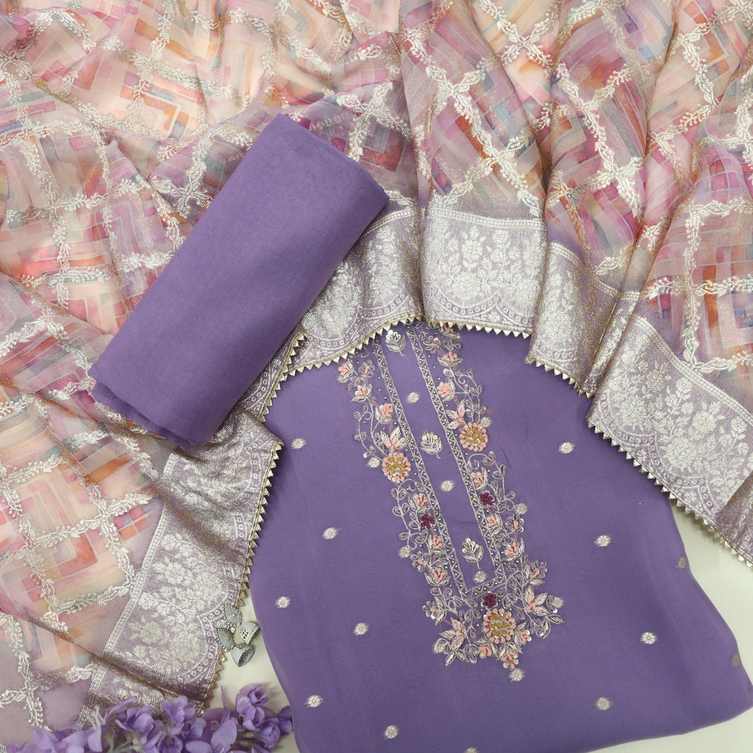 Masroof Lilac Purple Organza Top With Organza Dupatta