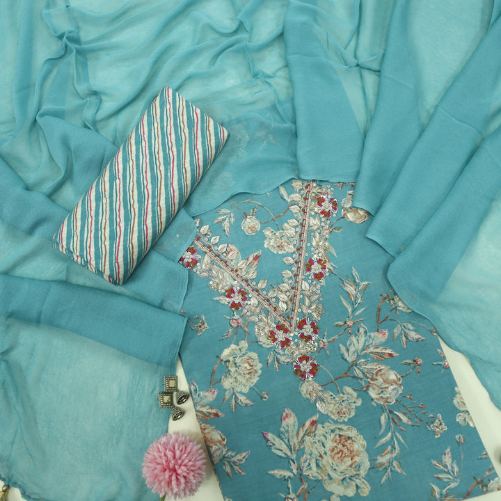 Gehrai Cerulean Blue V Neck Printed Muslin Top with Chiffon Dupatta