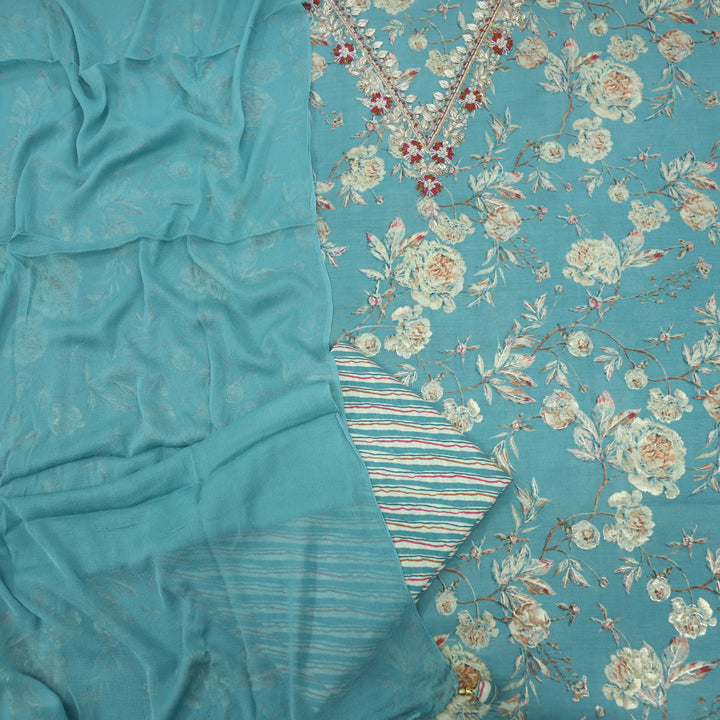 Gehrai Cerulean Blue V Neck Printed Muslin Top with Chiffon Dupatta