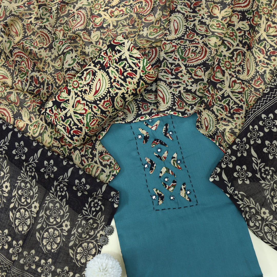 Ruhani Teal Blue Glazed Cotton Top with Cotton Dupatta