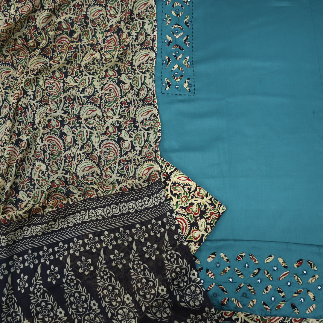 Ruhani Teal Blue Glazed Cotton Top with Cotton Dupatta