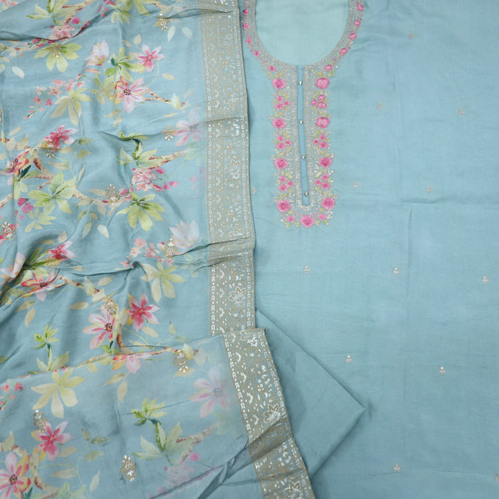 Gardish Faded Sky Blue Dola Silk Top with Dola Silk Dupatta