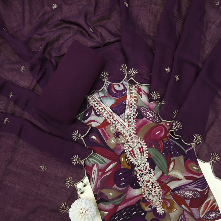 Khwaab Wine Purple V Neck Modal Top With Cotton Silk Dupatta