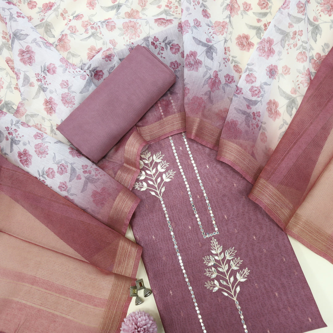 Nihari Arabian Mauve Chanderi Top with Floral Printed Chanderi Dupatta