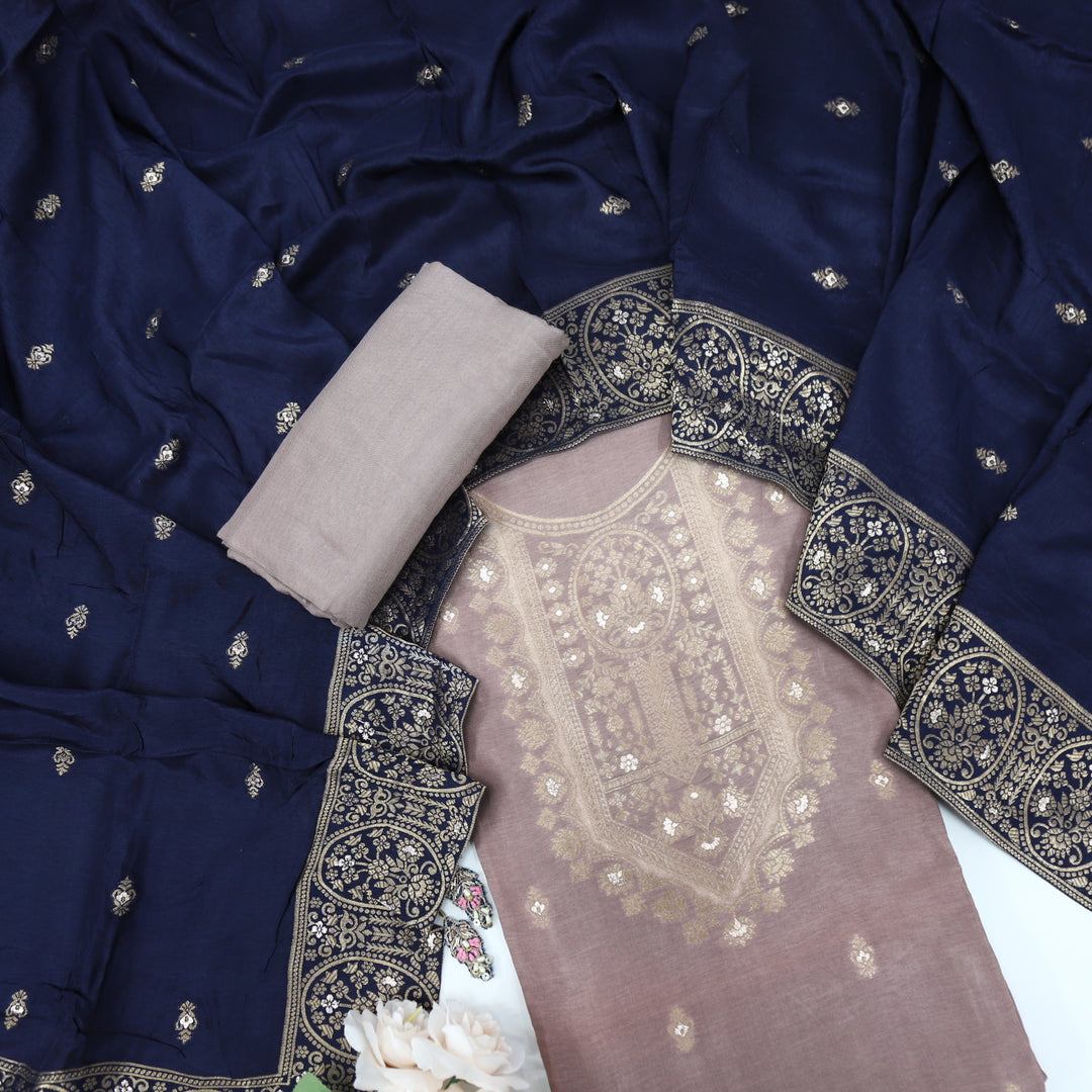 Deedar Caramel Beige Dola Silk Top with Navy Blue Dola Silk Dupatta