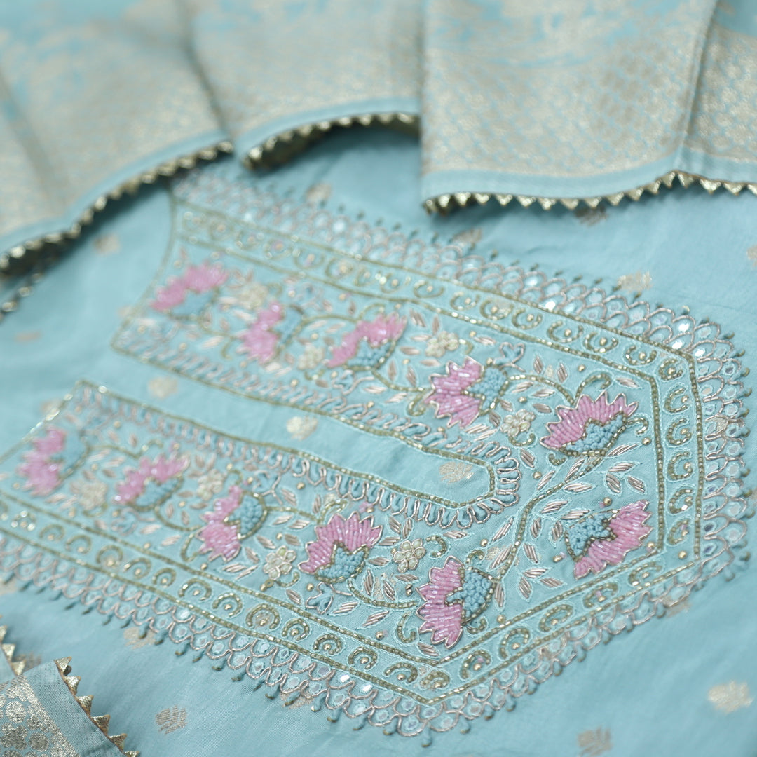 Mukhtasar Baby Blue Dola Silk Top With Dola Silk Dupatta