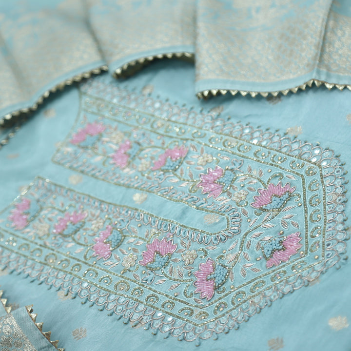 Mukhtasar Baby Blue Dola Silk Top With Dola Silk Dupatta