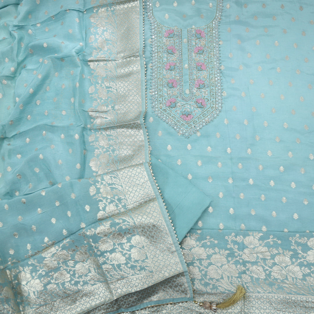 Mukhtasar Baby Blue Dola Silk Top With Dola Silk Dupatta