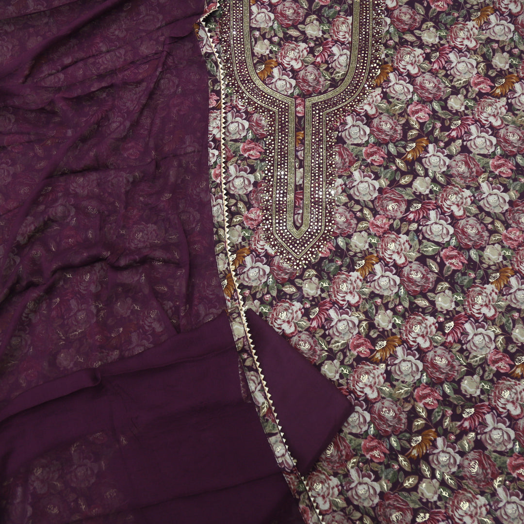 Mulakaat Wine Purple Floral Print Modal Top With Chiffon Dupatta