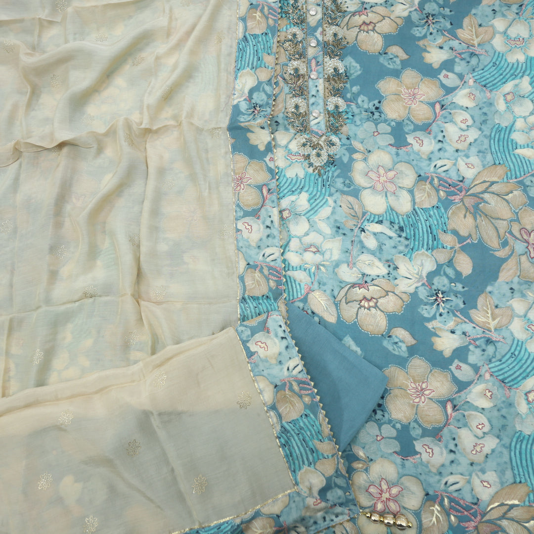 Manzeel Sky Blue Printed Muslin Top With Cotton Silk Dupatta