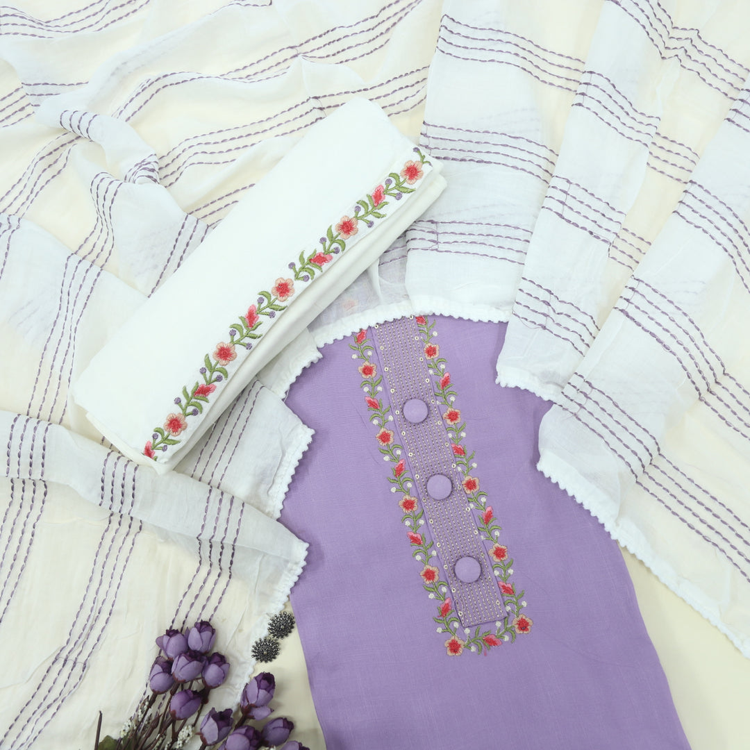 Mukhtalif Lilac Purple Embroidered Cotton Top With Cotton Dupatta