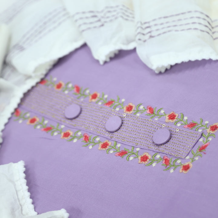 Mukhtalif Lilac Purple Embroidered Cotton Top With Cotton Dupatta