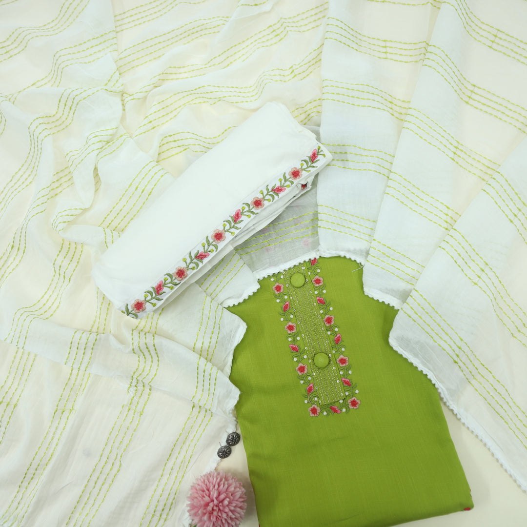 Mukhtalif Sheen Green Embroidered Cotton Top With Cotton Dupatta