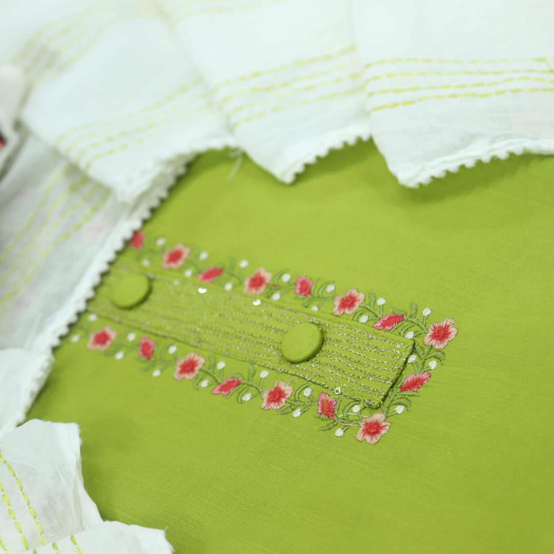 Mukhtalif Sheen Green Embroidered Cotton Top With Cotton Dupatta