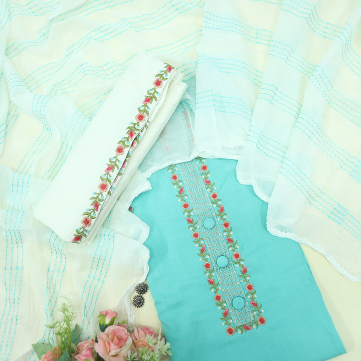 Mukhtalif Turquoise Blue Embroidered Cotton Top With Cotton Dupatta