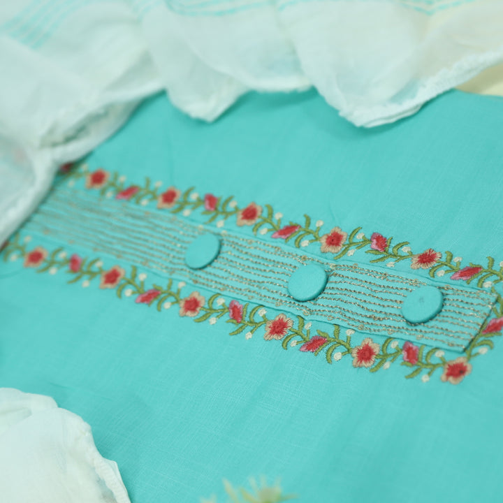 Mukhtalif Turquoise Blue Embroidered Cotton Top With Cotton Dupatta