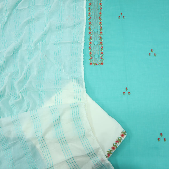 Mukhtalif Turquoise Blue Embroidered Cotton Top With Cotton Dupatta