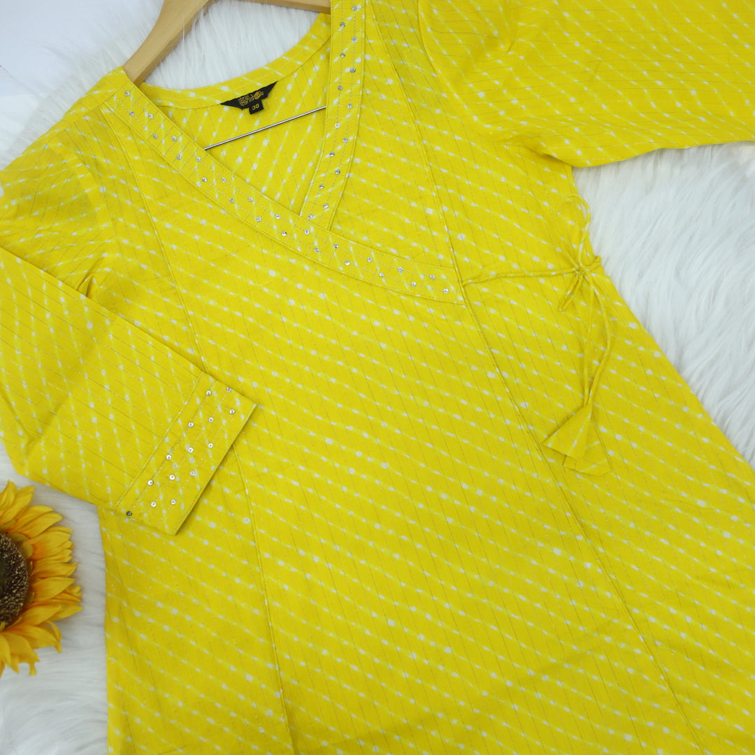 Zaalima Rooh Bright Yellow Leheriya Angrakha Cotton Kurti