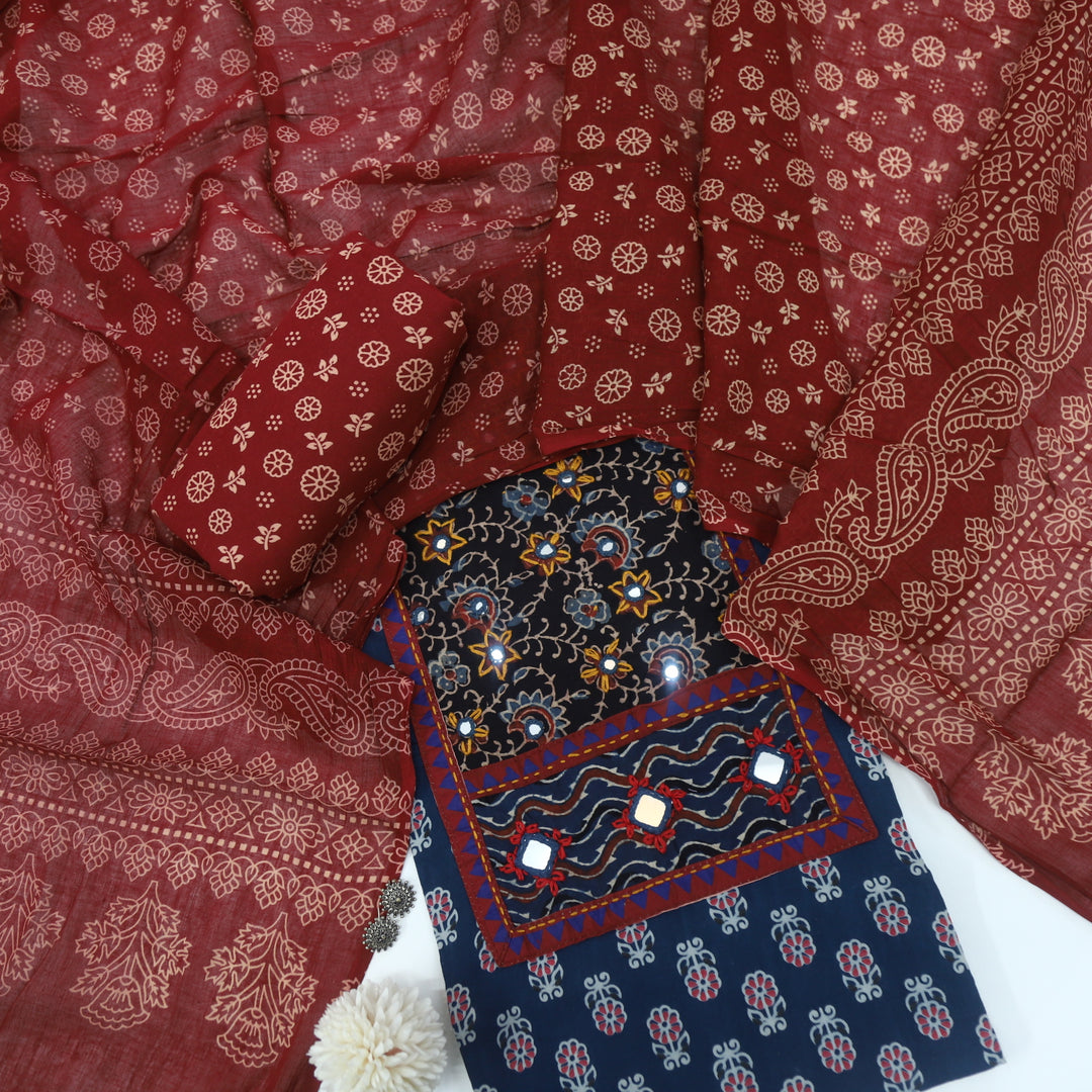 Ruhani Garnet Red Ajrak Print Cotton Top With Printed Dupatta