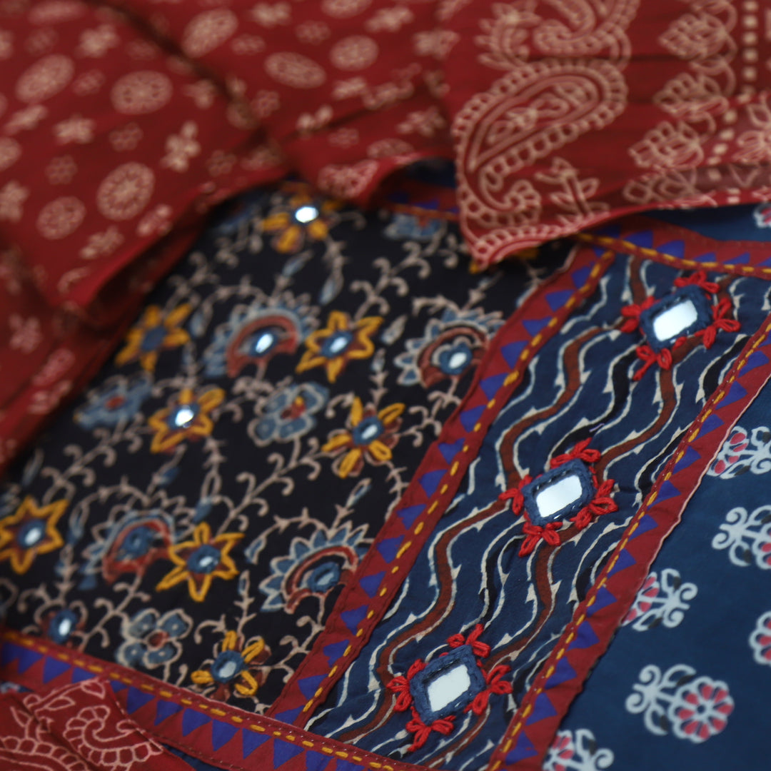 Ruhani Garnet Red Ajrak Print Cotton Top With Printed Dupatta