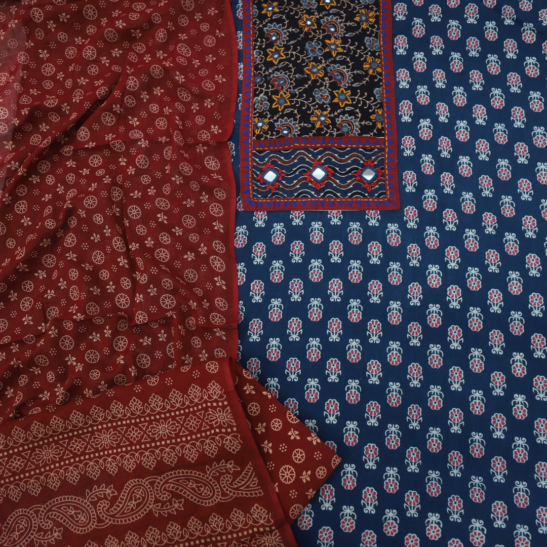 Ruhani Garnet Red Ajrak Print Cotton Top With Printed Dupatta