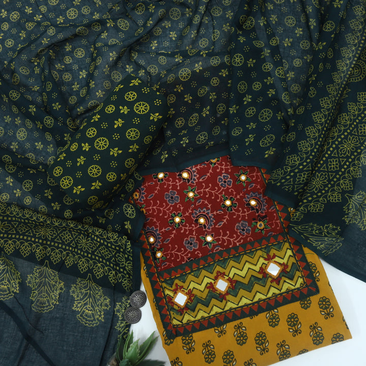 Ruhani Dark Green Ajrak Print Cotton Top With Printed Dupatta