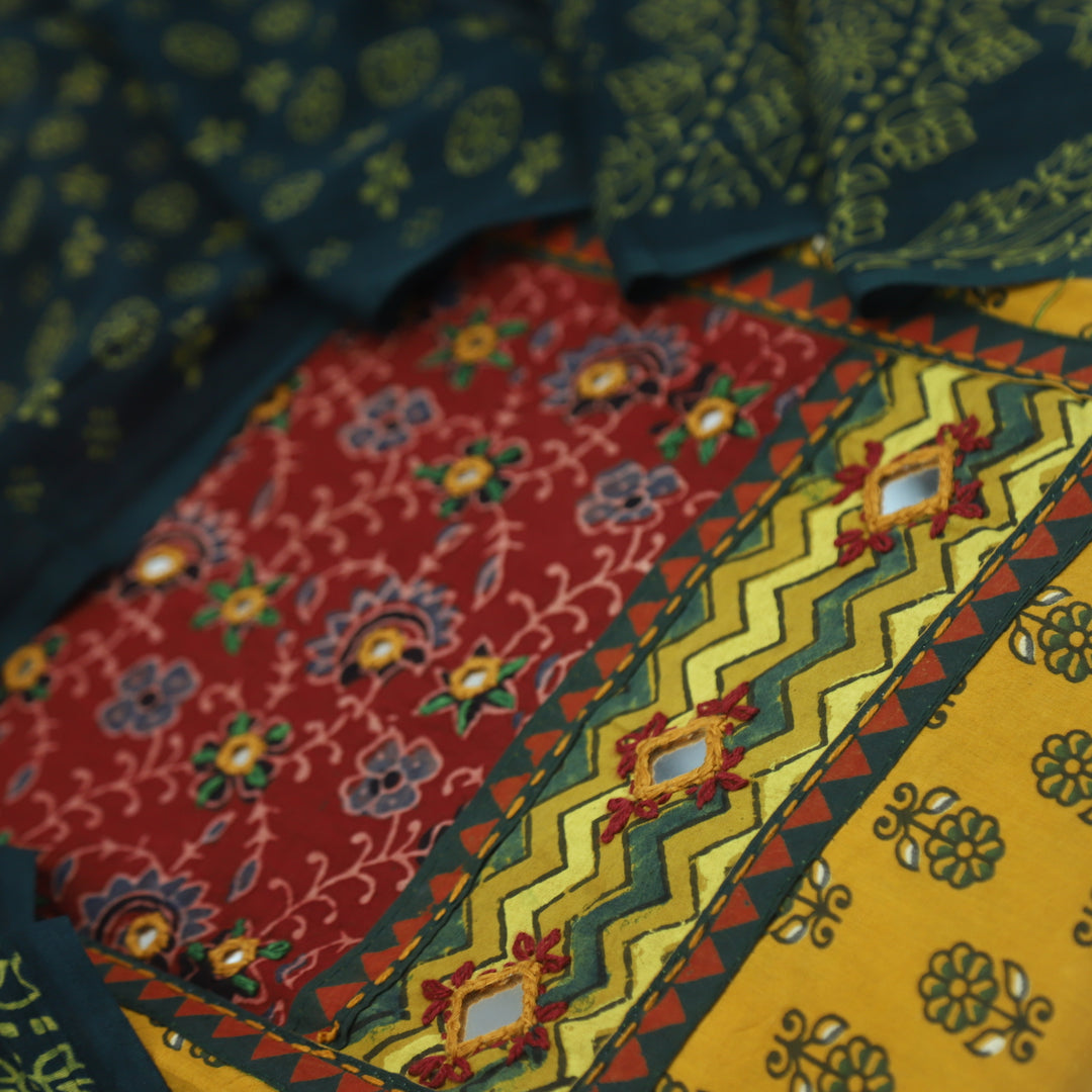 Ruhani Dark Green Ajrak Print Cotton Top With Printed Dupatta