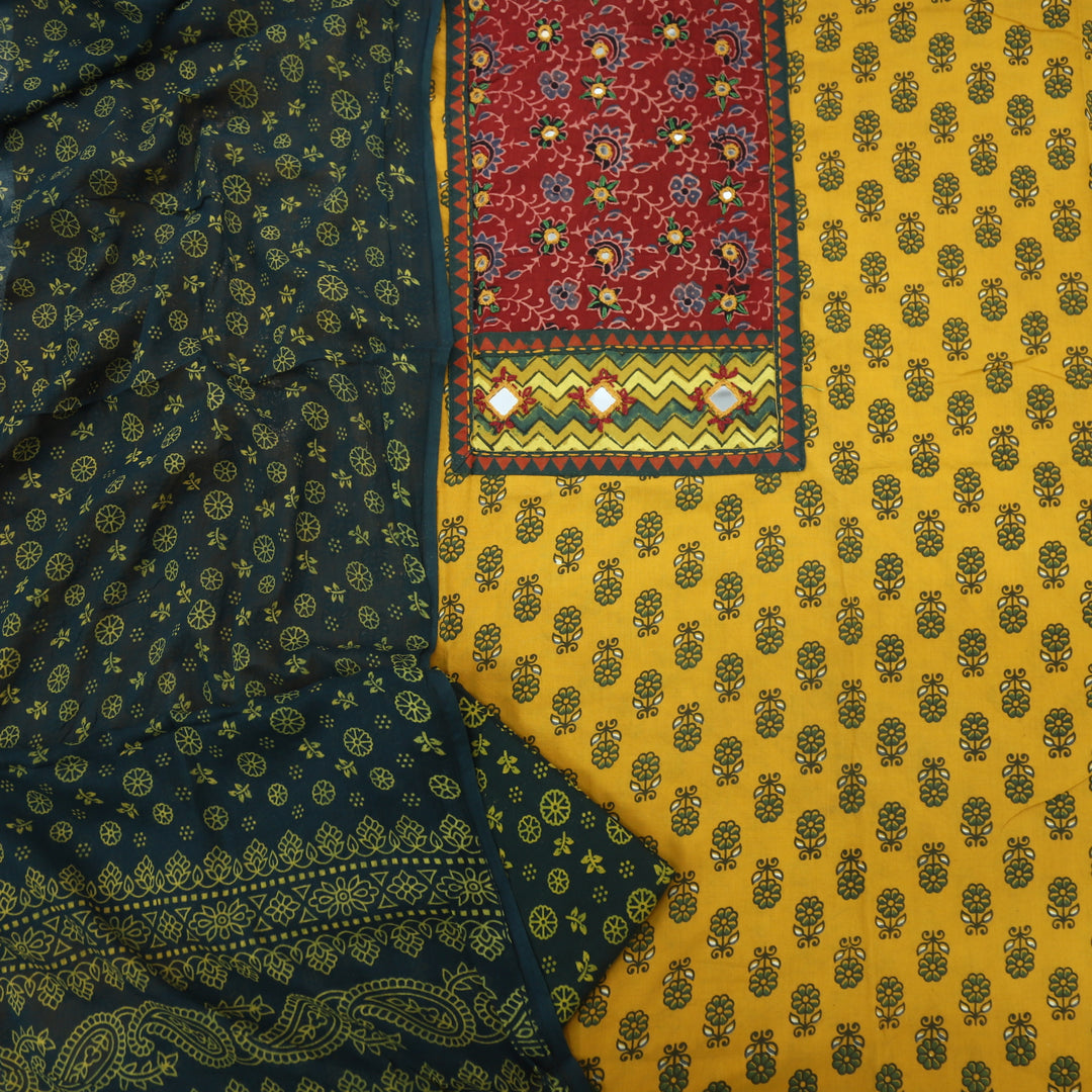 Ruhani Dark Green Ajrak Print Cotton Top With Printed Dupatta