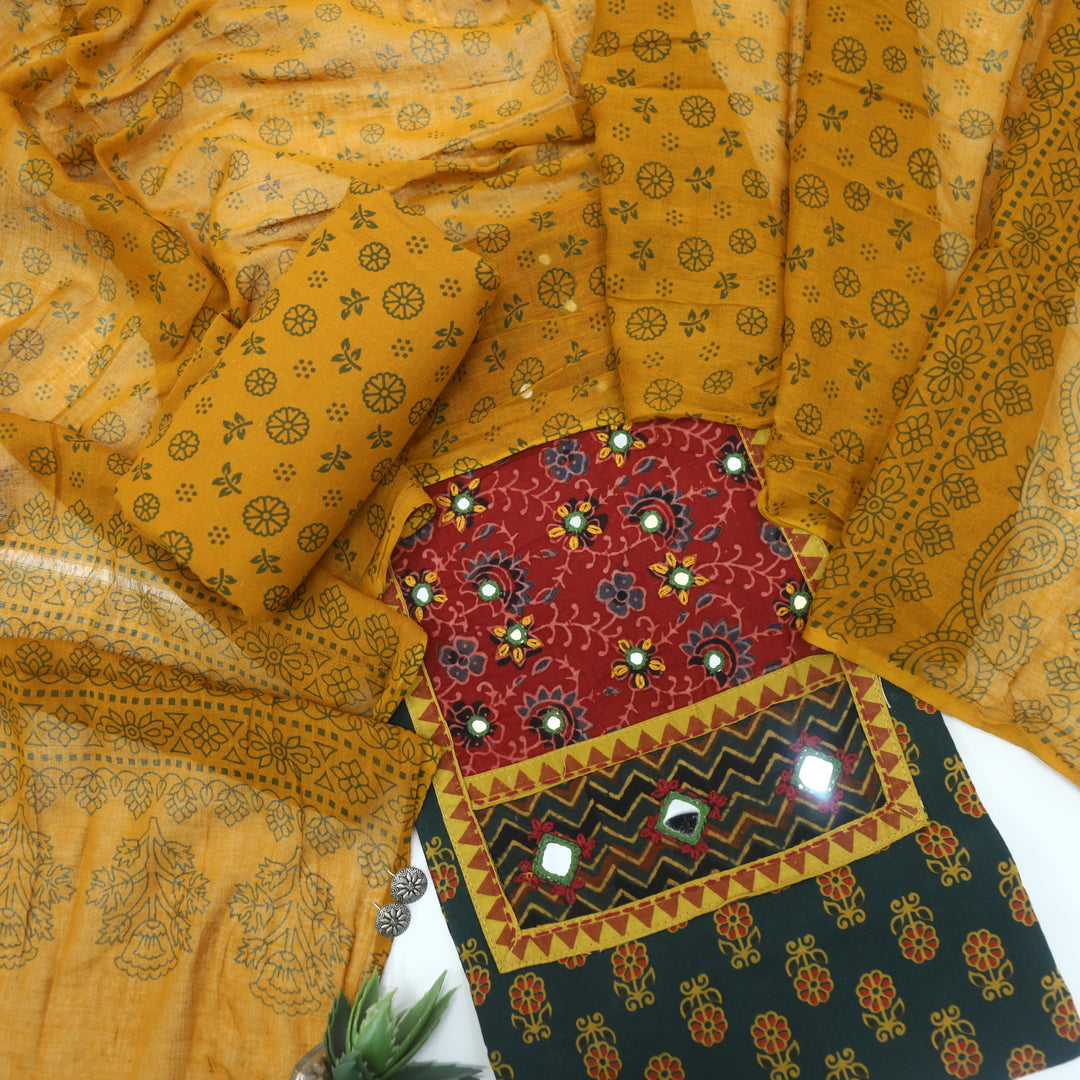 Ruhani Harvest Yellow Ajrak Print Cotton Top With Printed Dupatta