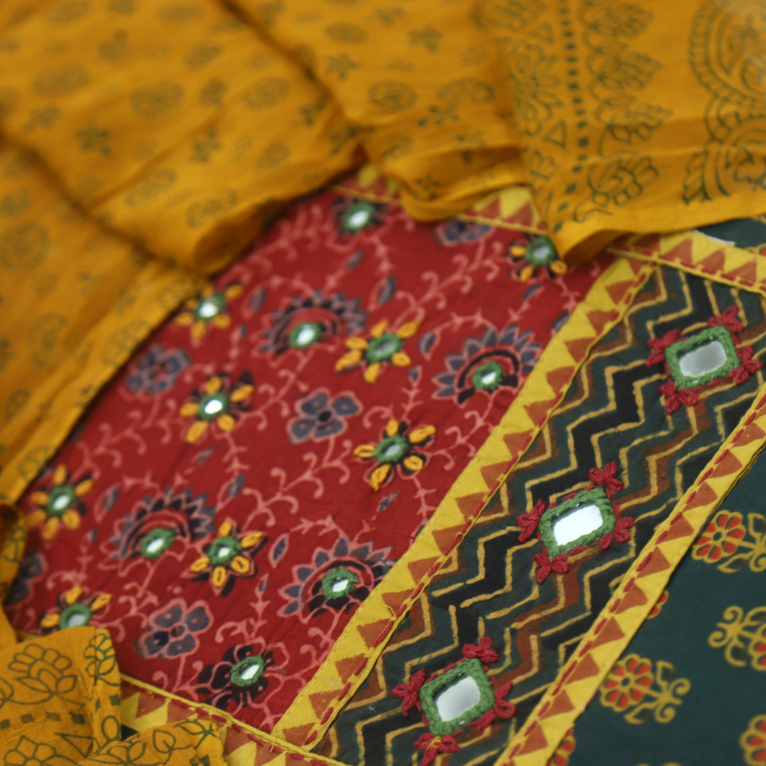 Ruhani Harvest Yellow Ajrak Print Cotton Top With Printed Dupatta