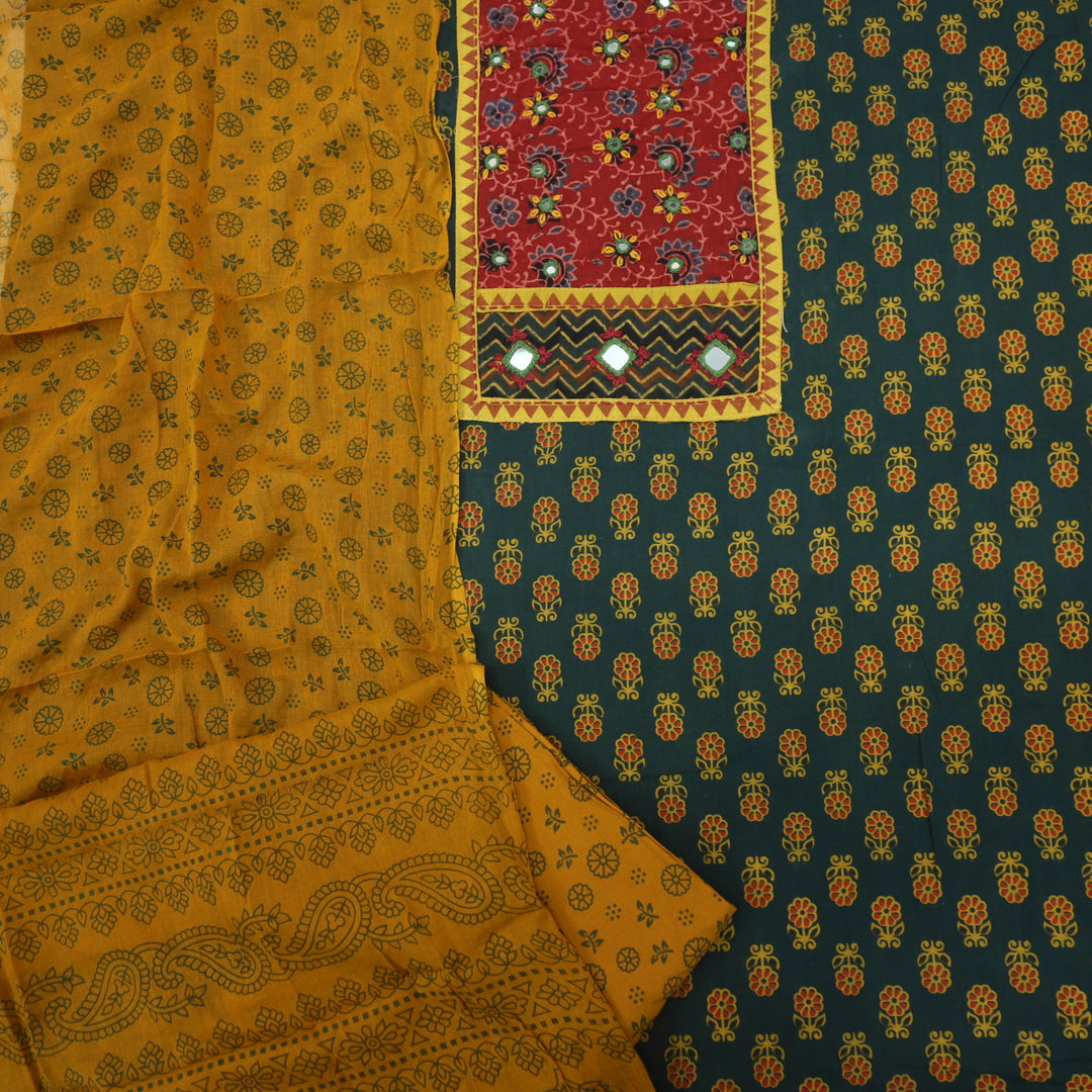 Ruhani Harvest Yellow Ajrak Print Cotton Top With Printed Dupatta