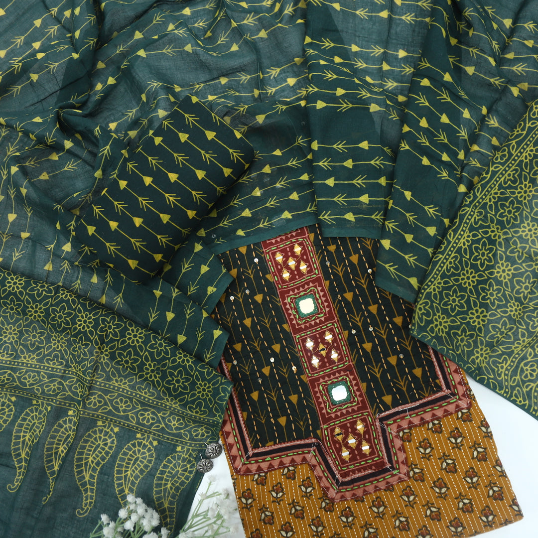 Ruhani Pine Green Ajrak Printed Cotton Top With Cotton Dupatta