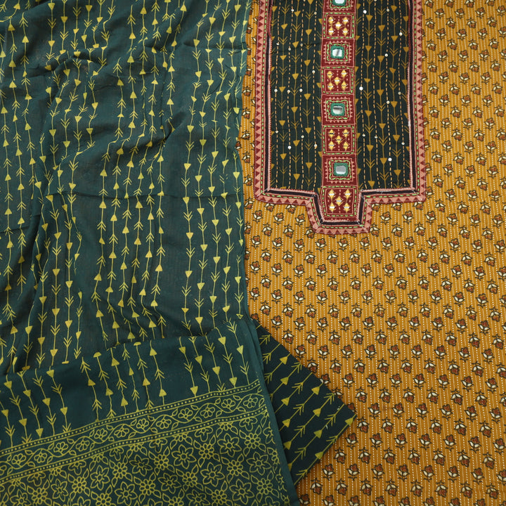 Ruhani Pine Green Ajrak Printed Cotton Top With Cotton Dupatta