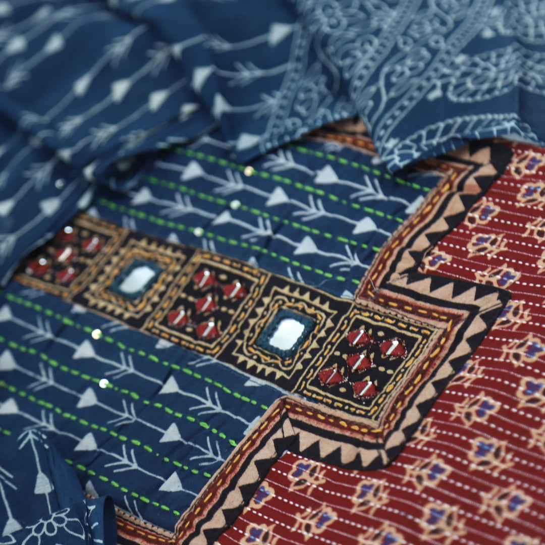 Ruhani Peacock Blue Ajrak Printed Cotton Top With Cotton Dupatta